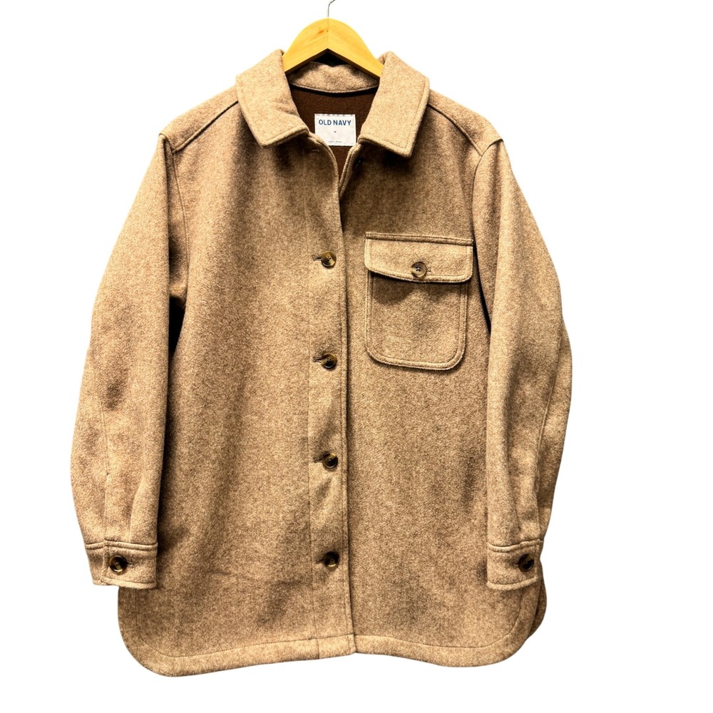 Old Navy Shacket Womens Medium Fleece Camel Tan Button Up‎ Shirt Jacket Oversize